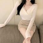 Long-sleeve V-neck T-shirt / Ruched Mini Pencil Skirt