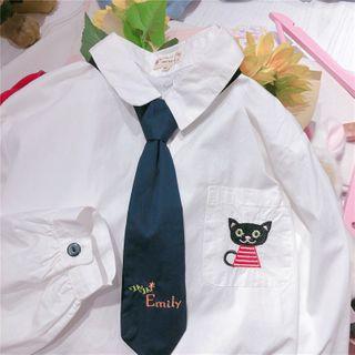 Cat Embroidered Shirt With Neck Tie White - One Size