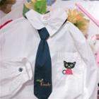 Cat Embroidered Shirt With Neck Tie White - One Size