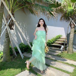 Spaghetti-strap Mesh Tiered Midi Sundress Green - One Size