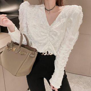 Long-sleeve V-neck Shirred Cropped Blouse White - One Size