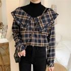 Long-sleeve Mock Neck Plaid Blouse