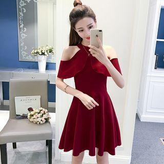 Cutout Shoulder Plain A-line Dress