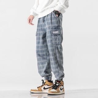 Plaid Denim Cargo Jogger Pants