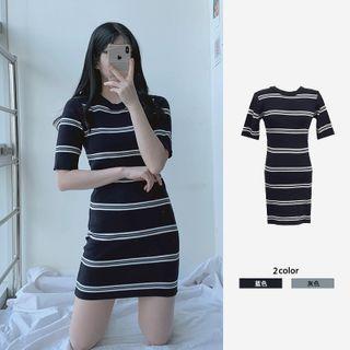 Short-sleeve Striped Knit Mini Sheath Dress