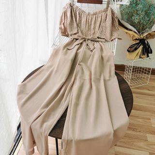 Eyelet Lace Off-shoulder Wide-leg Jumpsuit