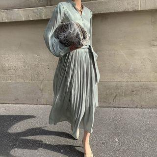 Puff Sleeve Stand Collar V-neck Pleated Satin A-line Dress