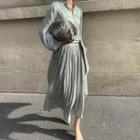 Puff Sleeve Stand Collar V-neck Pleated Satin A-line Dress