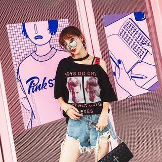 Print One-shoulder Elbow-sleeve T-shirt