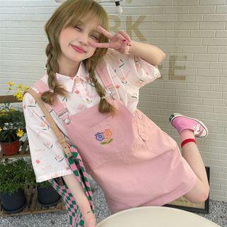 Short-sleeve Floral Shirt / Embroidered Mini Overall Dress