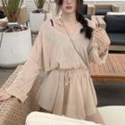 Long-sleeve V-neck Oversize Top / High-waist Oversize Drawstring Skort
