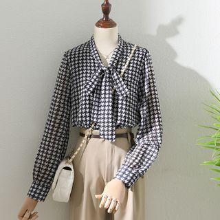 Long-sleeve V-neck Houndstooth Bow Shirt