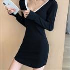 Long-sleeve V-neck Mini Sheath Dress Black - One Size