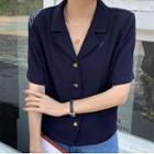 Heart Button Short-sleeve Blazer Navy Blue - One Size