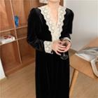 Lace V-neck Long-sleeve Dress Black - One Size