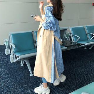 Striped Panel Long Trench Coat As Shown In Figure - One Size