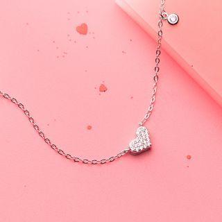Rhinestone Heart Necklace 925 Silver - Silver - One Size