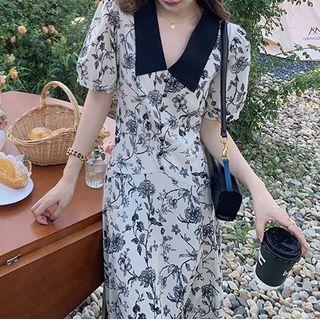 Short-sleeve Contrast Collar Floral Midi A-line Dress