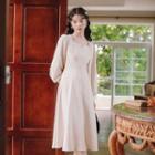 Long-sleeve Faux Pearl Trim Midi A-line Dress