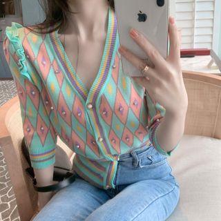 Elbow-sleeve Ruffle Trim Cardigan