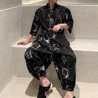 3/4-sleeve Print Jumpsuit