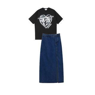 Heart Print T-shirt / Denim Midi A-line Skirt / Set
