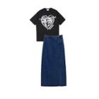 Heart Print T-shirt / Denim Midi A-line Skirt / Set