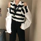 Cold-shoulder Striped Polo Shirt Stripes - Black & White - One Size