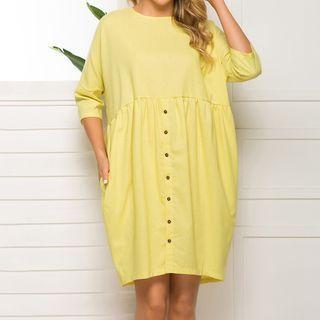 3/4-sleeve Button-up A-line Dress Yellow - One Size