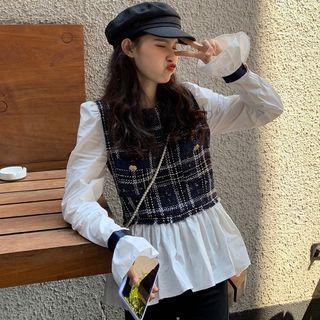 Bell-sleeve Tweed Panel Blouse As Shown In Figure - One Size