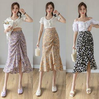Floral Drawstring Slit Midi Straight-fit Skirt