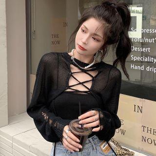 Long-sleeve Lace-up Cutout Knit Cropped Top Black - One Size