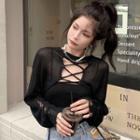 Long-sleeve Lace-up Cutout Knit Cropped Top Black - One Size