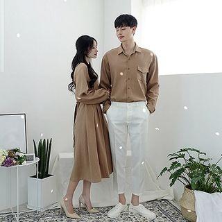 Couple Matching Plain Shirt / Long-sleeve Midi A-line Dress