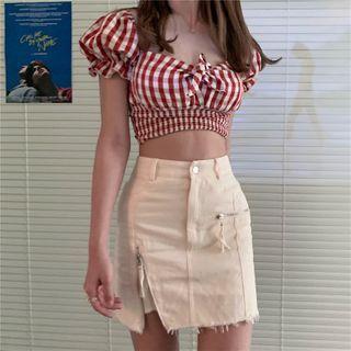 Plaid Puff-sleeve Top / Plaid Camisole Top / Distressed A-line Skirt