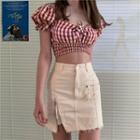 Plaid Puff-sleeve Top / Plaid Camisole Top / Distressed A-line Skirt