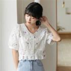 Floral Embroidered Elbow-sleeve Cropped Blouse