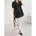 Open-placket Perforated-yoke Long Blouse
