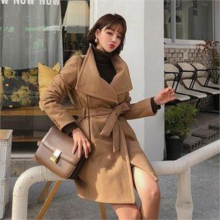 Funnel-neck Double-breasted Coat With Sash