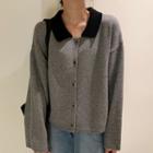 Long-sleeve Buttoned Polo Knit Top Gray - One Size