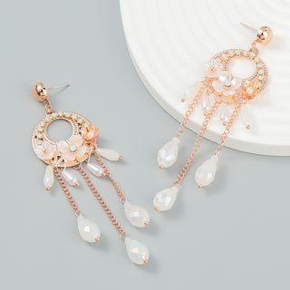 Flower Rhinestone Faux Pearl Fringed Earring 1 Pair - White Faux Pearl - Gold - One Size