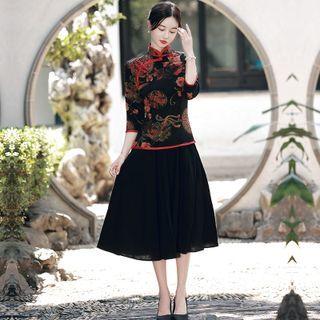 3/4-sleeve Print Qipao Top / Midi A-line Skirt / Set