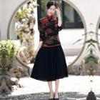 3/4-sleeve Print Qipao Top / Midi A-line Skirt / Set