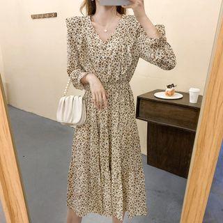Bell-sleeve Ruffle Trim Floral Printed Midi Dress