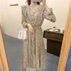 Bell-sleeve Ruffle Trim Floral Printed Midi Dress