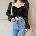 Floral Drawstring Cropped Blouse Floral - Black - One Size