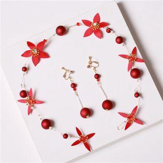 Set: Wedding Flower Headpiece + Beaded Clip-on Earring Headwear & Clip On Earring - One Size