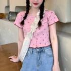 Cherry Print Short-sleeve Slim-fit Top