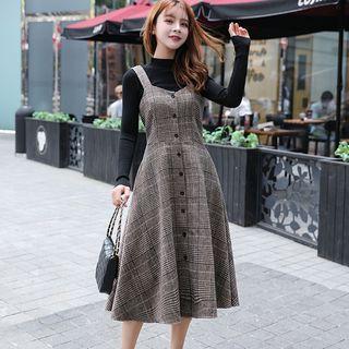 Mock-neck Long-sleeve Knit Top / Plaid A-line Jumper Dress / Set