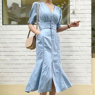 V-neck Button-detail Denim Dress Blue - One Size